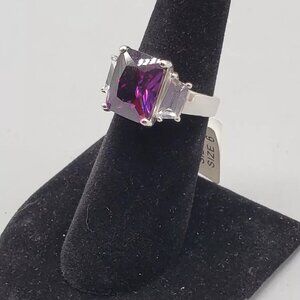 Women's Amethyst Emerald Cut w Baguettes CZ Ring Size 8 Sterling Silver 925